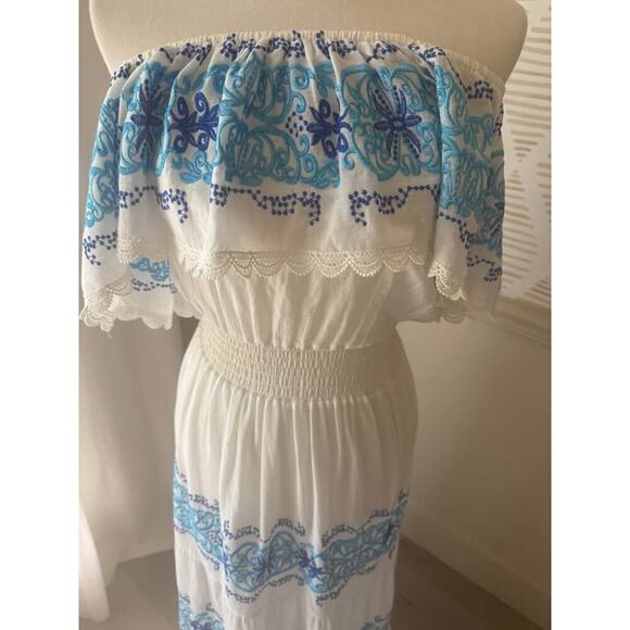 Nightcap Large White Greek Isle Embroidered Off Shoulder Flowy Maxi Dress - Picture 3 of 10